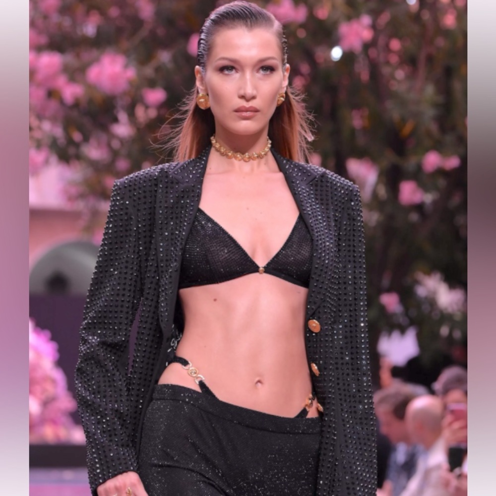 Versace 2020 crystal bra as seen on Bella Hadid